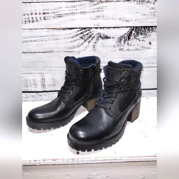 Bullboxer Cassie Black Boots size 8 in Black Ankle Block Chunky Heel Leather - Picture 2 of 7